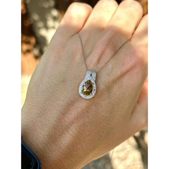 10k Solid White Gold And Diamonds Clyde Duneier Pear Tourmaline Pendant - Picture 3 of 12